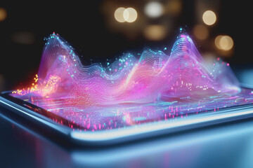 A smartphone displaying a colorful digital wave pattern on the screen with a blurred background emphasizing technology and innovation