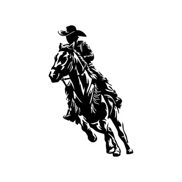 Isolated silhouette of a cowboy riding a horse, viewed from the front