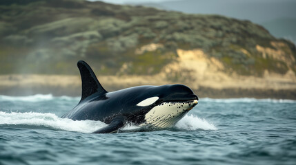 Obraz premium Orca swimming near coastline with rocky cliffs and mist during early morning hours. Generative AI