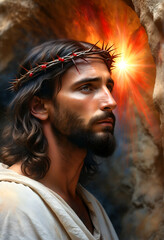 Jesus Christ wearing a crown of thorns. 
Biblical Resurrection of Jesus Christ