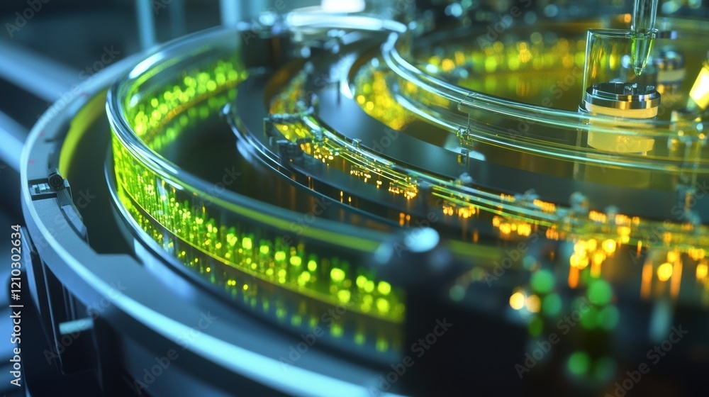 Poster futuristic machine analyzing samples with innovative technology, featuring glowing lights and intric