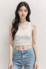 A woman is wearing a white tank top and blue jeans