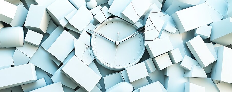 Clock crushed by cubes; time pressure, chaos, abstract background; website banner