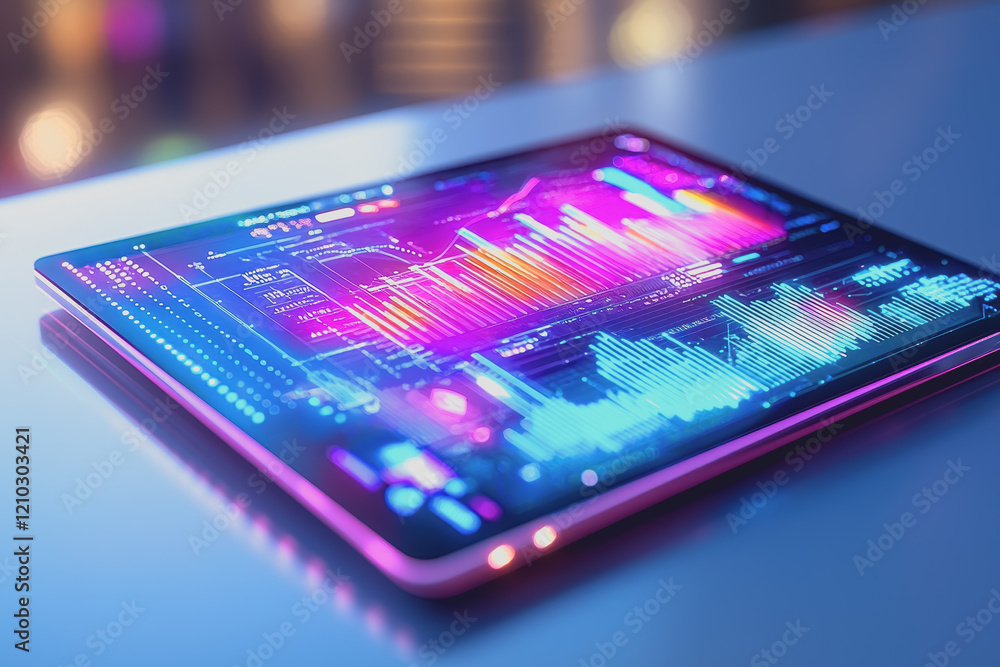 Poster tablet with a colorful display on a surface showing bright and vibrant colors in a modern setting