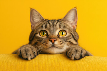 Curious Tabby Cat on Yellow Background with Copy Space
