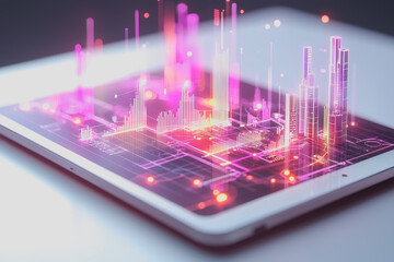 Fototapeta premium Tablet device displaying a detailed cityscape with buildings streets and infrastructure showcasing urban life and technology integration
