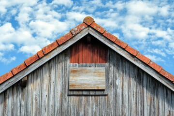 A wooden house with a blue roof and a white sign on the side