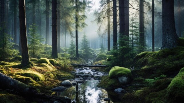Peaceful forest view with  green moss, a gentle stream reflecting sunlight and tall trees in Morning Light. International Day of Forests. Earth Day. Eco-tourism. Wellness and mindfulness retreats. 