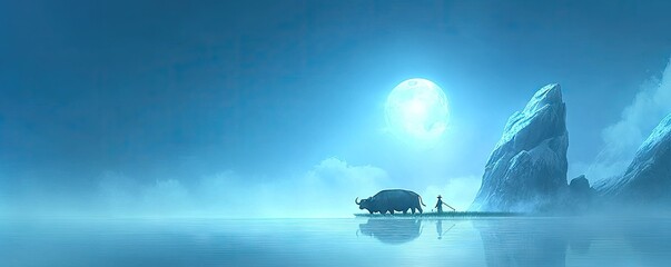 Fototapeta premium Serene moonlit lake; person with yak on raft; misty mountains