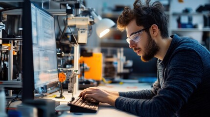 Robotics engineer wearing safety glasses programming an automated machine on a computer in a modern factory, developing innovative technology solutions