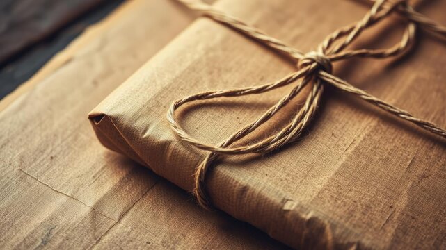 Close-up of a classic vintage package wrapped in string, showcasing intricate details and textures, closeup, package