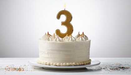 Decorated white cake for birthday or anniversary party, candle number 3, white background