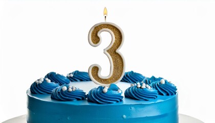 Decorated blue cake for birthday or anniversary party, candle number 3, white background