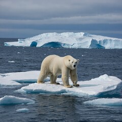 "A polar bear making its way across a snowy expanse, with the deep blue sea behind and icebergs floating serenely in the distance."