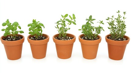 Fototapeta premium Five thyme plants growing stages in terracotta pots
