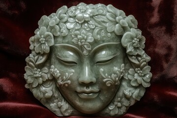 Fototapeta premium A carved jade face mask with intricate floral details, displayed on a velvet background