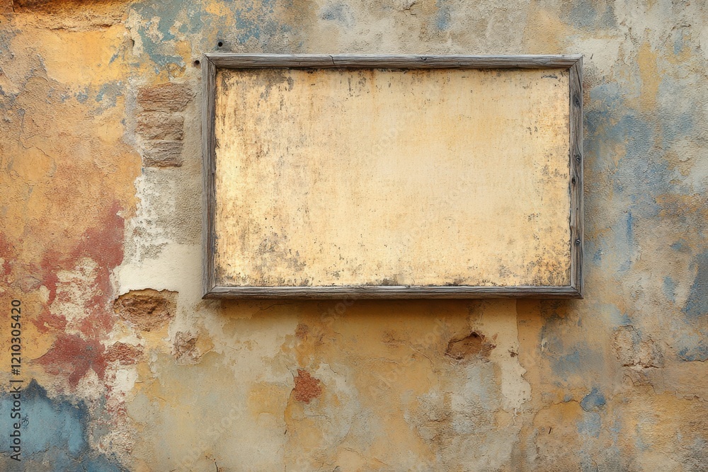 Poster a white frame with a blank space sits on a wall with a colorful background