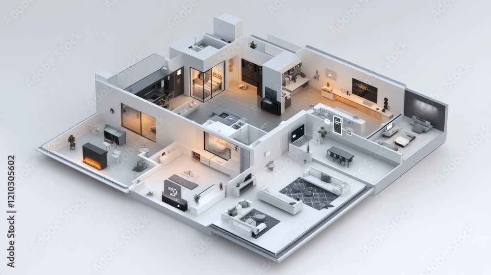 Poster 3d blueprint plan of smart home with icons iot devices. smart home conceptual banner. building house
