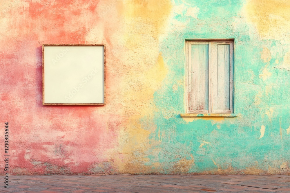 Poster a white frame with a blank space sits on a wall with a colorful background
