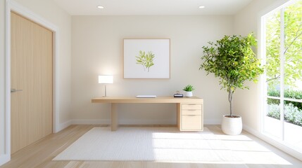 Minimalist home office design, bright sunlight, plants, peaceful workspace. Ideal for real estate or interior design