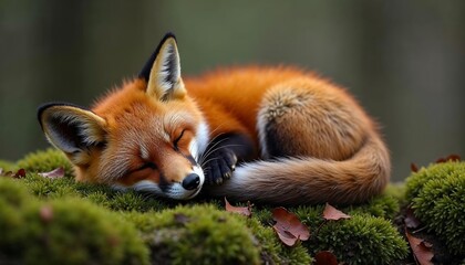 Adorable Sleeping Fox on Mossy Log Wildlife Photography