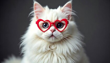 Adorable White Cat Wearing Heart Glasses