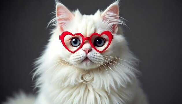 Adorable White Cat Wearing Heart Glasses