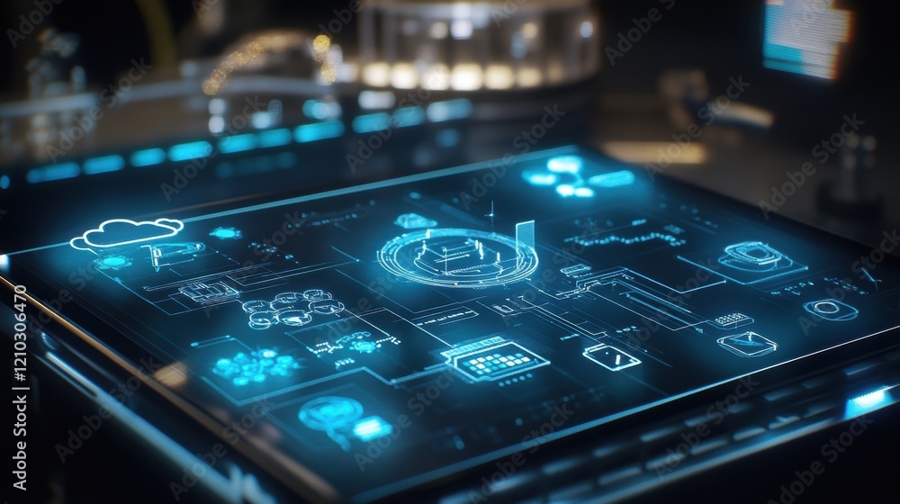 Poster futuristic interactive screen featuring cloud computing, data analysis, and various tech icons, illu