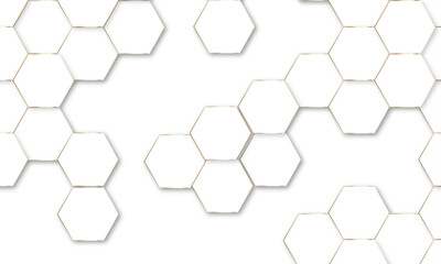 Luxury hexagonal abstract white background with golden light lines. Creative and decorative modern technological hexagon pattern background.