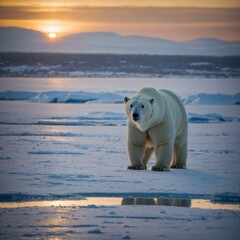 "A polar bear strolling across a snow-covered field, with the icy sea stretching out behind it, reflecting the soft light of the setting sun."