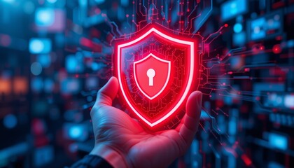Hand holding a glowing red shield for digital protection