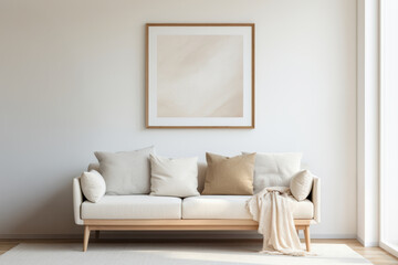 Fototapeta premium Comfortable white sofa with neutral throw pillows and a minimalist wooden frame decor, styled in a bright, modern living room.