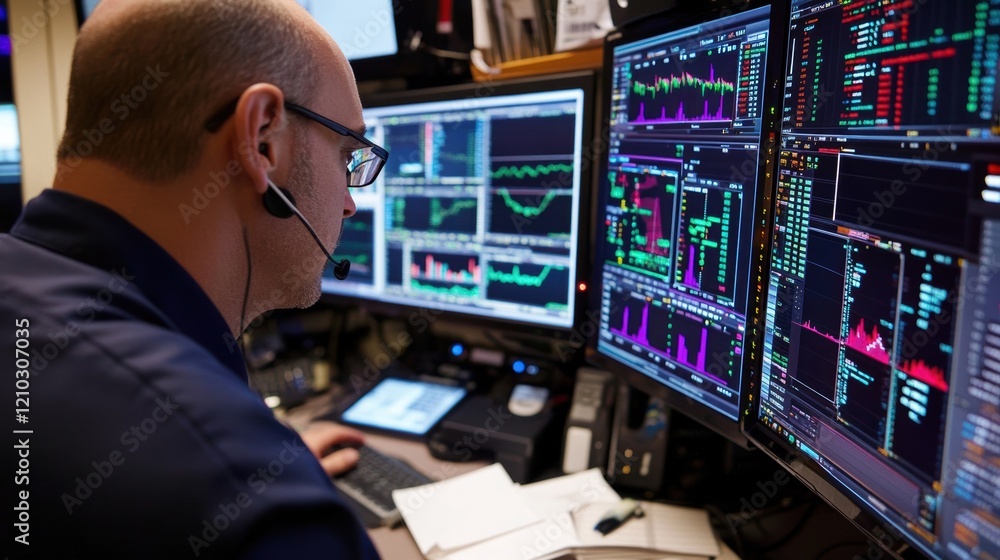 Poster stockbroker wearing a headset is actively working in an office, surrounded by multiple computer scre