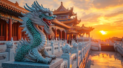 Chinese Dragon Statue Sunset Temple Beijing