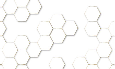 Luxury hexagonal abstract white background with golden light lines. Creative and decorative modern technological hexagon pattern background.