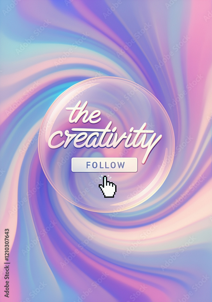 Poster design element of creativity and follow in modern style with circular shape and colorful swirl backg