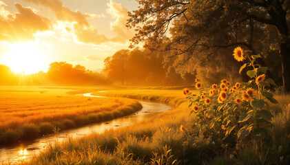 golden hour sunset over a serene landscape with sunflowers