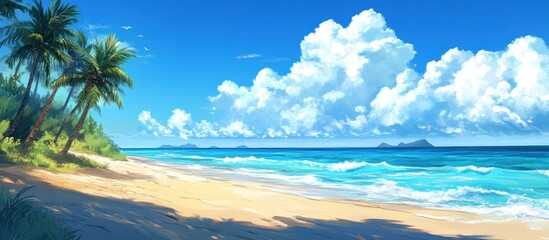 Obraz premium Tropical Paradise: Idyllic Beach Scene with Palm Trees and Azure Ocean