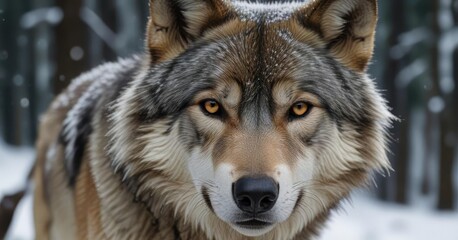 Fototapeta premium Close-up of a timber wolf's face in the midst of a snowy forest, wolf face, wildlife photography, forest wildlife