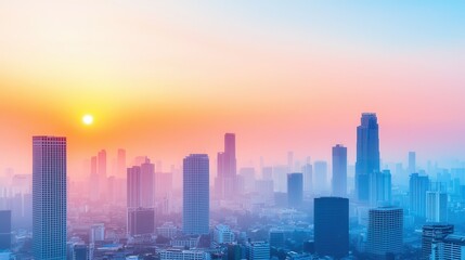 Fototapeta premium air pollution and pm2.5. City skyline at sunset with vibrant hues and misty atmosphere.