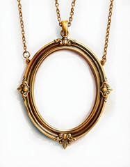 Watercolor vintage antique gold oval frame pendant with empty space on chain isolated on white background. Hand drawn illustration sketch, cinematic