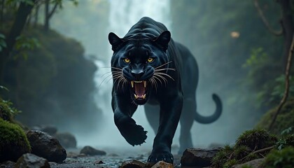 Black Panther Charging in Jungle Mist Stunning Wildlife Image