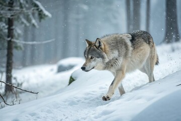 Naklejka premium An ethereal wolf's paws barely touch the ground as it glides effortlessly across the snow-covered forest floor, weightless creature, misty atmosphere