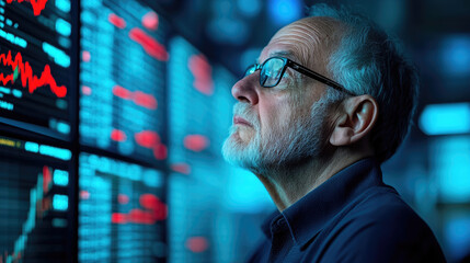 Crisis of a depressed businessman analyzing financial loss corporation headquarters stock market environment introspective viewpoint on economic bankruptcy