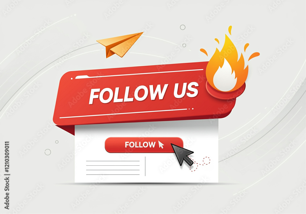 Poster social media call to action follow button design with cursor and paper plane graphic
