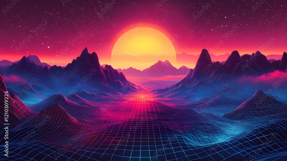 Poster futuristic geometric architecture and dynamic vibrant landscape illuminated with captivating bright 