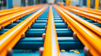 Obraz premium A close-up view of vibrant orange and blue conveyor rails, showcasing industrial design and alignment in a manufacturing environment.