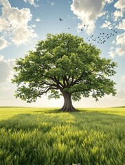 Obraz premium An old oak tree stands in a field with a few birds flying overhead, oak trees, serene atmosphere