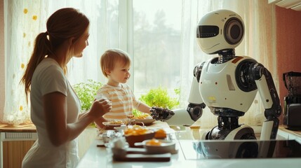 A humanoid robot assists a mother and her child during mealtime in a modern kitchen, highlighting advanced home robotics.