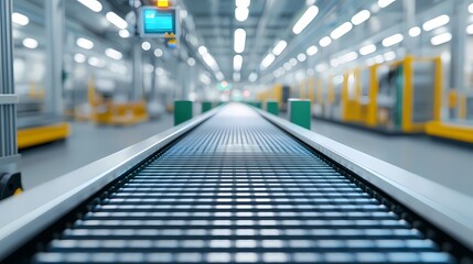 A modern conveyor belt stretches through a spacious factory, illuminated by bright overhead lights and surrounded by industrial machinery.
